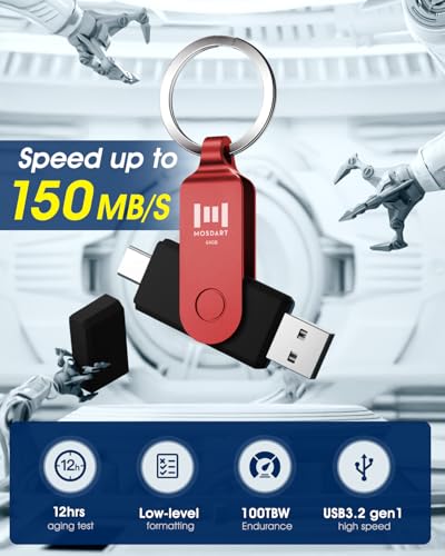 Image of MOSDART 64GB USB C and A 3.2 150MB /s Dual Flash Drive with Keychain, Red | Fits Android Phones, iPhone 15, 16, 17, Macbook, iPad, For Photos and Videos, USB-C Port Protection, Phone Case Friendly