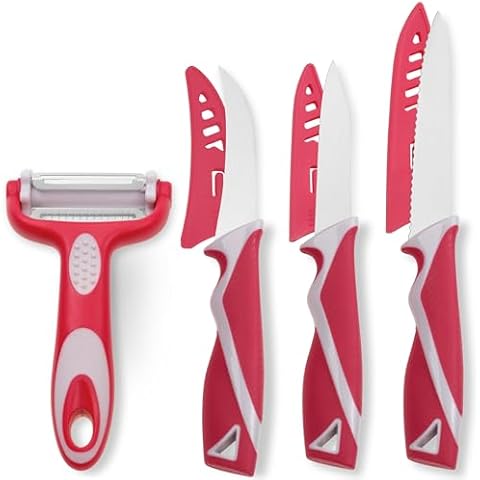 7 Pieces Kitchen Paring Knife Set with Vegetable Peeler, Stainless Steel Knife Set, Dishwasher Safe Knife Set without Block, Sharp Kitchen Knives with Covers, Cooking Knife, Potato Peeler, Magenta Cover