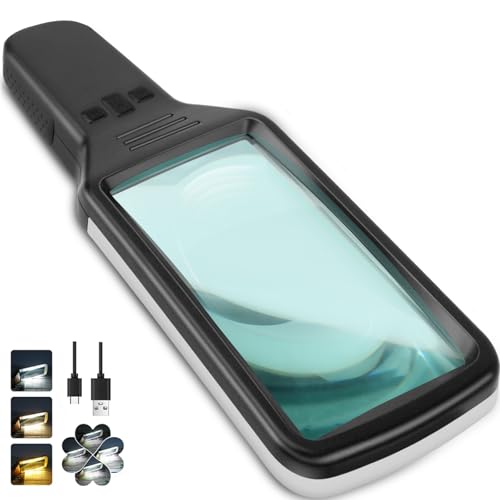Lupe mit Licht aus Optisches Glas 15-fache Leselupe mit Licht für Senioren groß Typ-C-Aufladung 3 Farbmodi Handlupe dimmbare beleuchtete Lupe Lesehilfe für Bücher Arbeit Sehschwäche