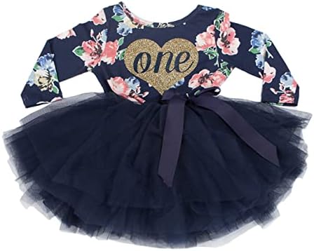 Grace and Lucille First Birthday Girls Outfit and Dress, Navy Floral Long Sleeve Dress with Tutu, Heart (12-24 Months)