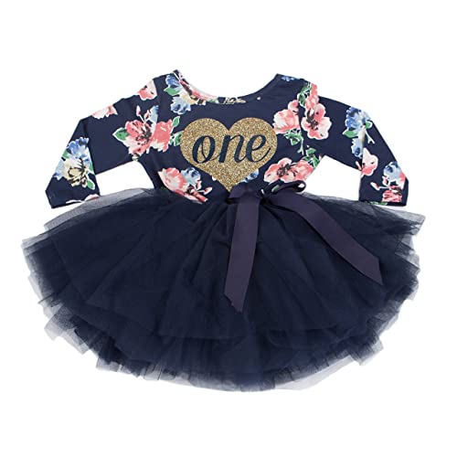 Grace and Lucille First Birthday Girls Outfit and Dress, Navy Floral Long Sleeve Dress with Tutu, Heart (12-24 Months)