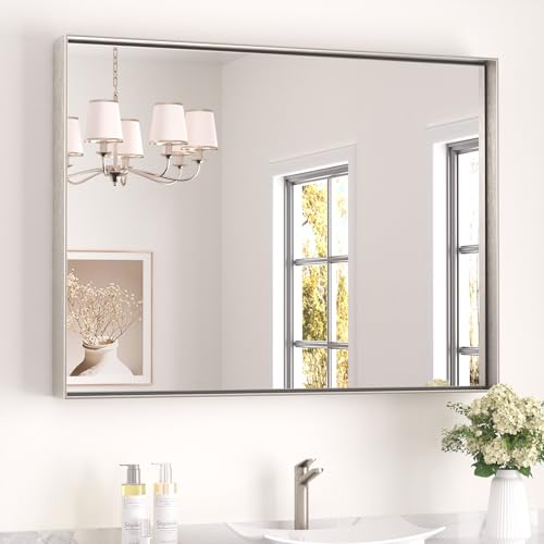 Image of Keonjinn 40x30 Inch Brushed Nickel Bathroom Mirror for Over Sink, Rectangle