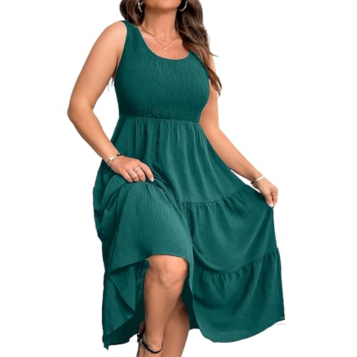 RWJ Plus Size Summer Sleeveless Tank Dress for Women 2025 Smocked Casual Loose Sundress Flowy Beach Tiered Long Midi Dresses Blue Green