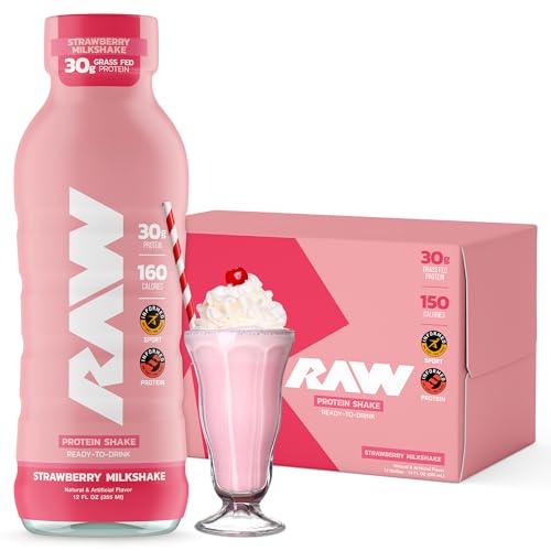 RAW Ready-to-Drink Protein Shake Strawberry - RTD Protein Drinks with Grass-Fed Whey Protein Isolate for Post-Workout - Zero-Sugar & Gluten-Free Meal Replacement Drink & Breakfast Shake 12 Fl Oz