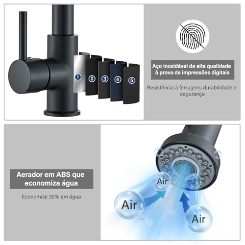 TINICO Torneira Cozinha Gourmet Monocomando Com Spray Preto Extensor,Latão Maciço,Fácil Encaixe