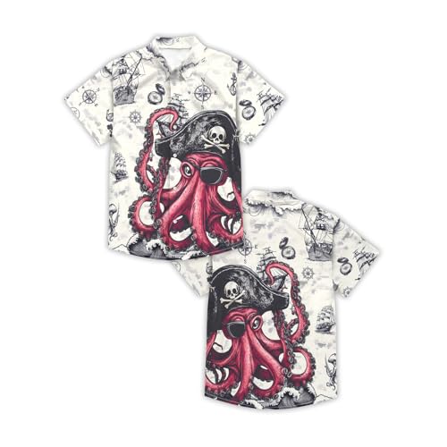 Image of THE PIRATE KING Funny Pirate Hawaiian Shirt Boys Girls Beach Tropical Casual Short Sleeve Button Down Shirt for 5-14 Years