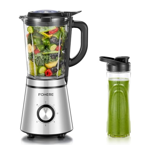 FOHERE Blender, 1100 W de Puissance Max, Mixeur Electrique Bol en verre 1,5L, 600ML Gourde Nomade, 4 Lames en acier Inox, 5 vitesses + Fonction Pulse Mixeur,...