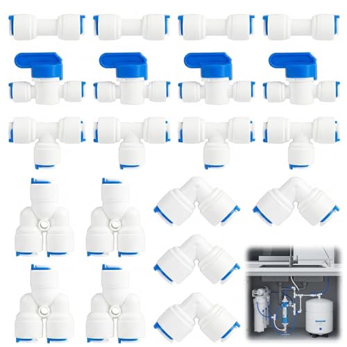 20pcs Conectores RO 1/4 Pulgada Sistema Ósmosis Inversa Válvula Cierre En Línea Manguera Frigorífico Filtro Agua Pushfit Instalación Sin Herramientas Conexión Rápida(Y + T + I + L + válvula de cierre)