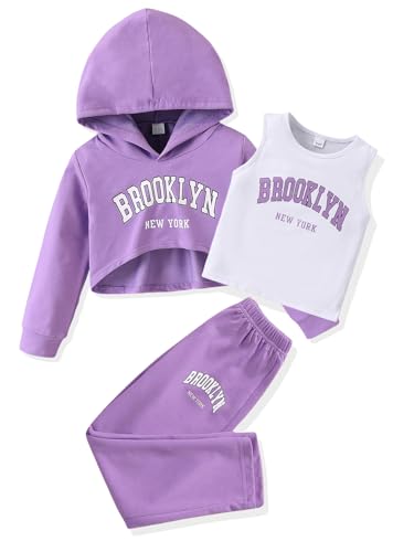 Girls Long Sleeve 3 Piece Outfits Graphic Crop Sweatshirt Tank and Sweatpants Set