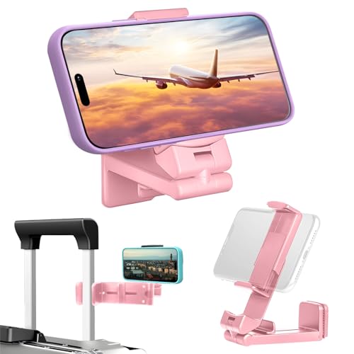 Airplane Phone Holder,Portable Universal Phone Mount with Multi-Directional Rotation,Hands Free Travel Accessories for Airplane Seat Back,Table,Home,Kitchen,Office.Air Travel Accesories Must Have-Pink