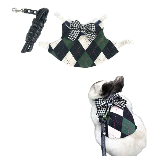 Image of Rabbit Harness and Leash for Walking Escape Proof - Cute Preppy Style Mesh Breathable Bunny Vest Harness Outdoor Training - Also Suit for Ferret Kittn Puppy Small Animals (Forest Green bow,Small)