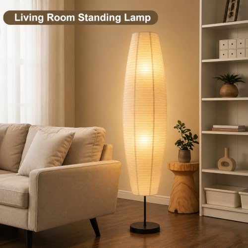 Image of XERGY Minimalist Modern Rice Paper Floor Lamp | Elegant Design | 2, E27 Bulb Socket | Stable Heavy Base for Bedroom, Office & Living Room Decor (Height- 145cm, Bulb Not Included)