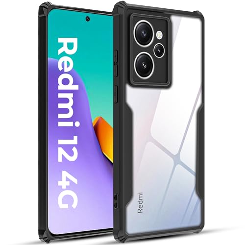 Image of A rtistque Clear Hard Transparent Acrylic Armor Anti-Drop Shockproof TPU Edge Back Cover Case for Redmi 12 - Black