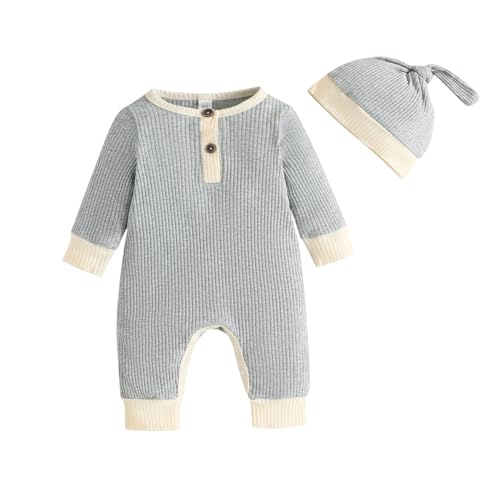Kutersbabi Newborn Baby Boy Girl Romper Toddler Solid Ribbed One-Piece Jumpsuit Clothes Hat Infant Coverall Jumper Outfit Set cover
