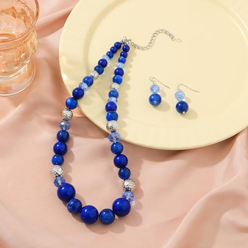 8-18mm Beads Necklace 18” Graduated Chunky Beaded Choker Necklaces with Earring Set for Women3