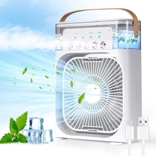 Portable Air Cooler Fan & Humidifier - Personal Evaporative Cooling Fan with 3 Speeds, 5 Spray Mist Modes, 7 Color Night Light & Timer, USB-C Powered Desktop Cooling Fan for Office, Home & D