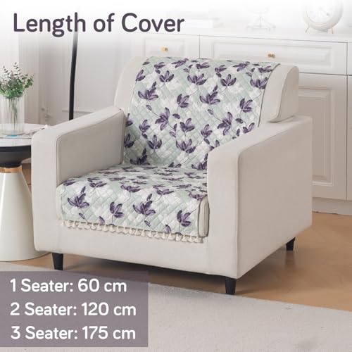 Image of HOKIPO Lavender Vine Quilted Sofa Cover with Tassels 1 Seater for Seat & Back, (152x60 cm), 'Tassel Twigs' Series (IN-989-T1)
