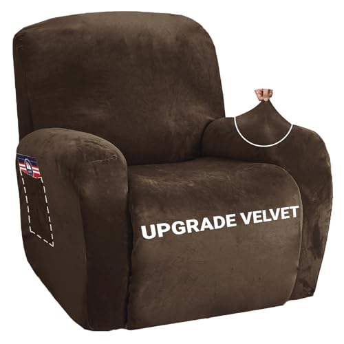 Image of ZNSAYOTX Stretch Velvet Recliner Cover 4-Pieces, Thick Soft Recliner Chair Slipcover with Pocket, Non-Slip Elastic Bottom for Kids Pets, Luxury Plush Reclining Protector Comfy Washable (Dark Coffee)
