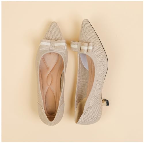 Women's Knitted Kitten Low Heels with Bow Pointed Closed Toe Slip On Comfort Pumps Casual Work Office Dress Shoes 6