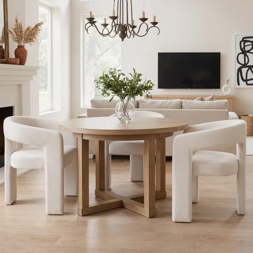 Image of HNY Modern Barrel Kitchen & Dining Room Chairs Set of 3, Linen Upholstered Accent Chairs with Arm, 18.5'' Wide Side Armchair Vanity Chairs for Living Room Bedroom Makeup Small Spaces, Ivory