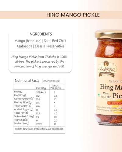 Image of Chokkha Traditional Homemade Hing Mango Pickle | Hing aam ka achar | Good for Digestion | 100% Oil-Free Pickle | Handcut | Sun Dried | No Artificial Colors | No Vinegar or Tatri | 200 Gm