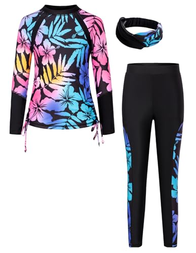 Image of GRACE KARIN Girls Long Sleeve Swimsuit Two Piece Rashguard Floral Swimwear 6-14Y