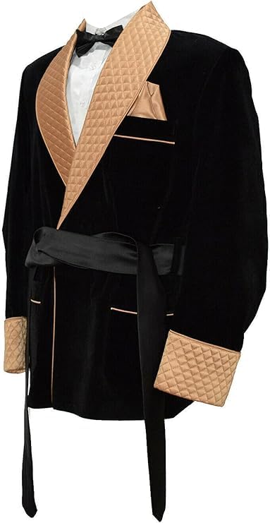 Men Smoking Black Velvet Jackets,Golden Satin Qulted Robe Dinner Jacket,Smoking House Party Coat2