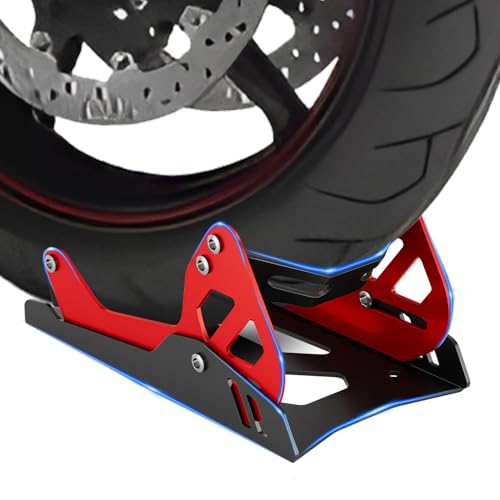 Image of Heavy-Duty Steel Motorcycle Wheel Chock for Trailer Mount | Anti-Rust Black /Red Design | Universal Front Wheel Chock Stand for Dirt Bikes & Motorcycles | Compact & Portable (5.3 inchH x 10.8 inchL x 6.1 inchW)