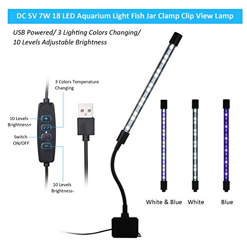 Ajcoflt 18 LED Aquarium Light Fish Jar Braçadeira Clip View Lamp USB Powered Operated 3 cores de ilu