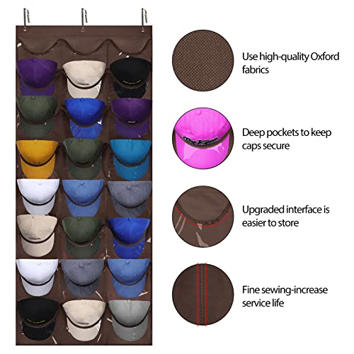 Dofilachy Hat Rack - Hat Organizer - Hat Racks For Baseball Caps, Visible Hat Holder - Baseball Hat Rack For Wall Door With 3 Hooks, 24 Deep Pockets(Brown,Large) #TOP1