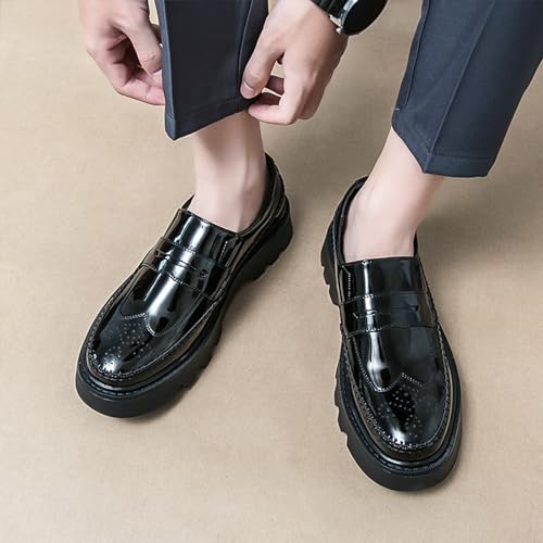 Men's Black Soft Patent Leather Chunky Platform Loafers, Fashionable British Style Brogue Business Casual Formal Shoes, Comfortable Non-Slip Lug Sole Slip-On Penny Loafers4