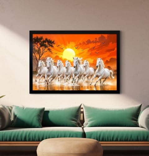 ArtX Canvas Big Size 7 Horses Vastu Frame Wall Art Painting, White Running Horses On Water Painting Vastu Rising Sun Wall Decor, Multicolor, Nature, 24.0 X 36.0 in, Set of 1