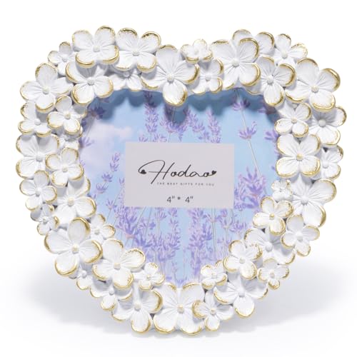 Hodao 4x4 Inch 3D Floral Heart Shaped Frame - Hand-Crafted Resin Picture Frame with White & Gold Accents for Wedding Valentines Day & Romantic Home Decor (White Gold-Heart)
