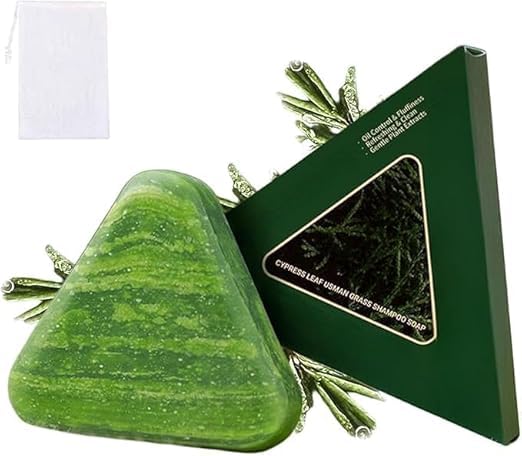 Green Triangle Herbal Soap Shampoo Bar with Usman Grass | Natural Cypress Leaf Solid Shampoo for Hair Strengthening & Scalp Balance | Gentle Herbal Hair Care for Men & Women