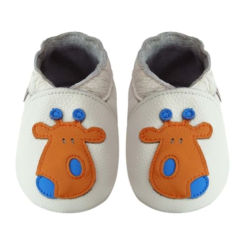 mepiq Toddler Moccasins Baby Shoes with Suede Sole, Soft Leather Anti Slip Crib Walking Baby Shoes Suitable for Indoor First Walking Giraffe - White 12-18Months