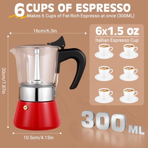 Image of Induction Moka Pot, 6 Cups (10.6 oz) Crystal Glass-Top & Stainless Steel Moka Pot, Classic Stovetop Espresso Maker, Red