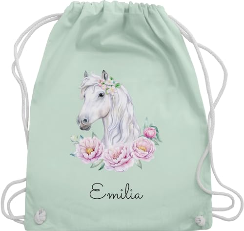 Turnbeutel Rucksack - Pferde - Pferdekopf Motiv mit Name personalisiert I Pferdemotiv I Pferd Name - Unisize - Pastell Grün - mädchen pferderucksäcke pferden pferdemädchen beutel
