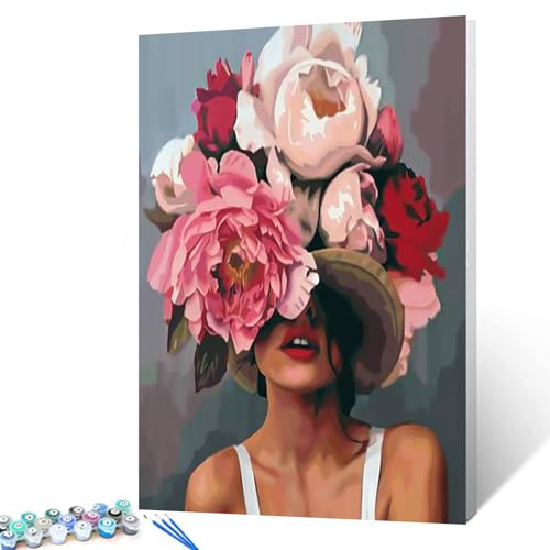Tucocoo Girl with Flowers on Head Paint by Numbers for Adults Fashion Figure Lady Abstract Drawing Oil Paint by Numbers Modren Lady Head Flower Acrylic Oil Painting Set Without Frame-16''W x 20''H