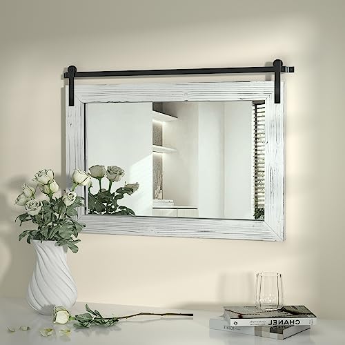 Image of COGOOD Farmhouse Barn Door Mirror - 29 inch x 22 inch Rustic Wood Framed Wall Mirror for Bathroom, Living Room, Entryway Wall Decor (White)