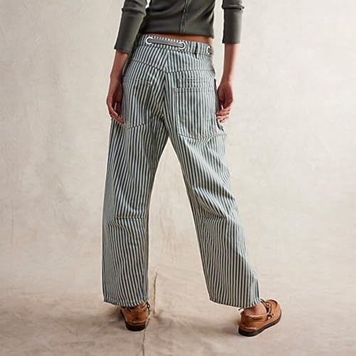 Women Y2k Striped Patchwork Pants Elastic Waist Drawstring Barrel Leg Pants Casual Loose Wide Leg Pant with Pockets4