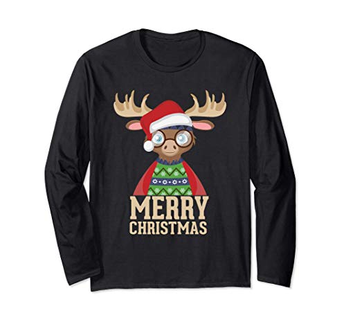 Hipster Moose - Santa Hat - Merry Christmas Funny Holiday Maglia a Manica