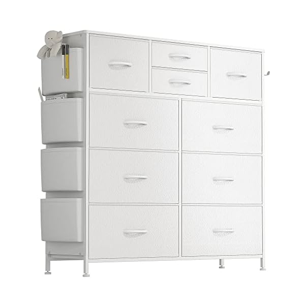 Lulive 10 Drawer Dresser, Chest of Drawers for Bedroom with Side Pockets and Hooks, PU Storage Dresser, Sturdy Steel Frame, Wood Top, Organizer Unit for Nursery, Hallway, Closet (White)