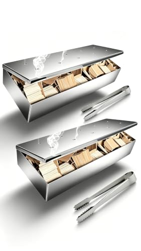 auisea 2 Pcs Thickened Stainless Steel Smoker Box for Gas Grill with 2 Pcs Wood Chip Clips, Heavy Duty BBQ Smoke Box with Hinged Lid & Mirror Finish, No Side Holes Design for Enhanced Smoky Flavor