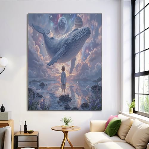 Arte De Pared Sin Marco, Póster De Ballena De Fantasía, Pintura En Lienzo, 30X40Cm, Decoración De Pared Con Paisaje Estilo Anime, Obras De Arte Para Sala De Estar Dormitorio, Azul Grisáceo