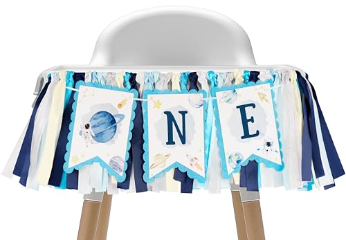 Image of Kriyokiaa 1st Birthday Outer Space High Chair Banner, First Trip Around the Sun Boy First Birthday Party Decor, Astronaut Rocket Space Theme High Chair ONE Banner