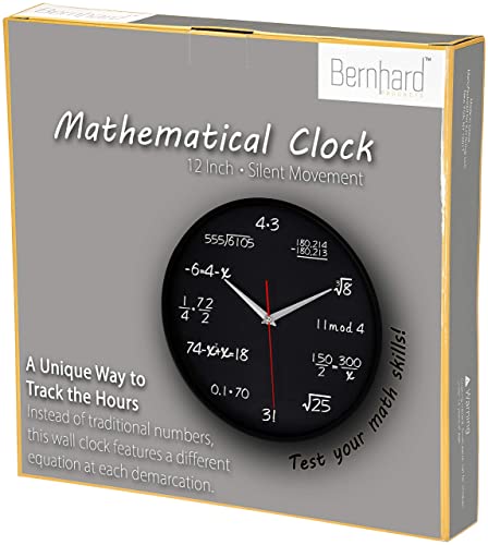 Bernhard Products Math Wall Clock, Unique Gift Hours Marked By Mathematical Equations Silent Non-Ticking Black 12" For Teacher/Student/Engineer Graduate Quartz Battery Operated Office School Classroom #TOP7