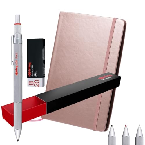 rOtring 600 3-in-1 Multicolour Pen and Mechanical Pencil + A5 Notebook | Black & Red Ballpoint Pen Tips and 1 Mechanical Pencil Tip (0.5mm) Silver Metal Barrel