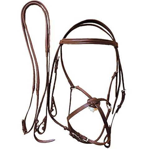White Horse Equestrian Rimo Horse Grackle Bridle - Real Leather Reins With Grackle Padded Noseband For Competition | Colors (Black, Brown) Sizes (Full, Cob, Pony) Cover