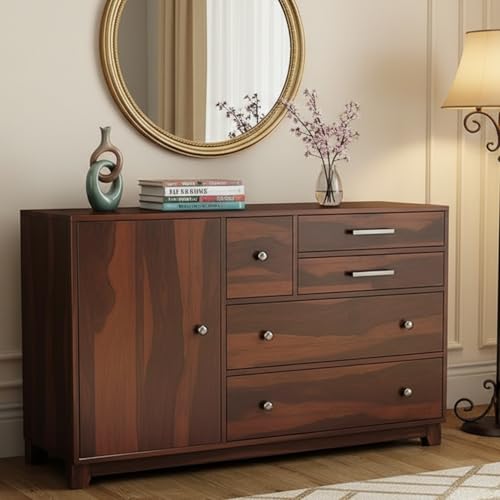 Image of Solid Sheesham Wooden Drawer Sideboard Cabinet & Chest of Drawers with 4 Drawer and 2 Door Storage | Multipurpose Storage Kitchen Crockery Unit Rack for Home Living Room | Walnut