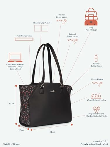 Image of ZOUK Printed Jute Handcrafted Vegan Leather Black Women's Check-point Friendly Classic Business Bag